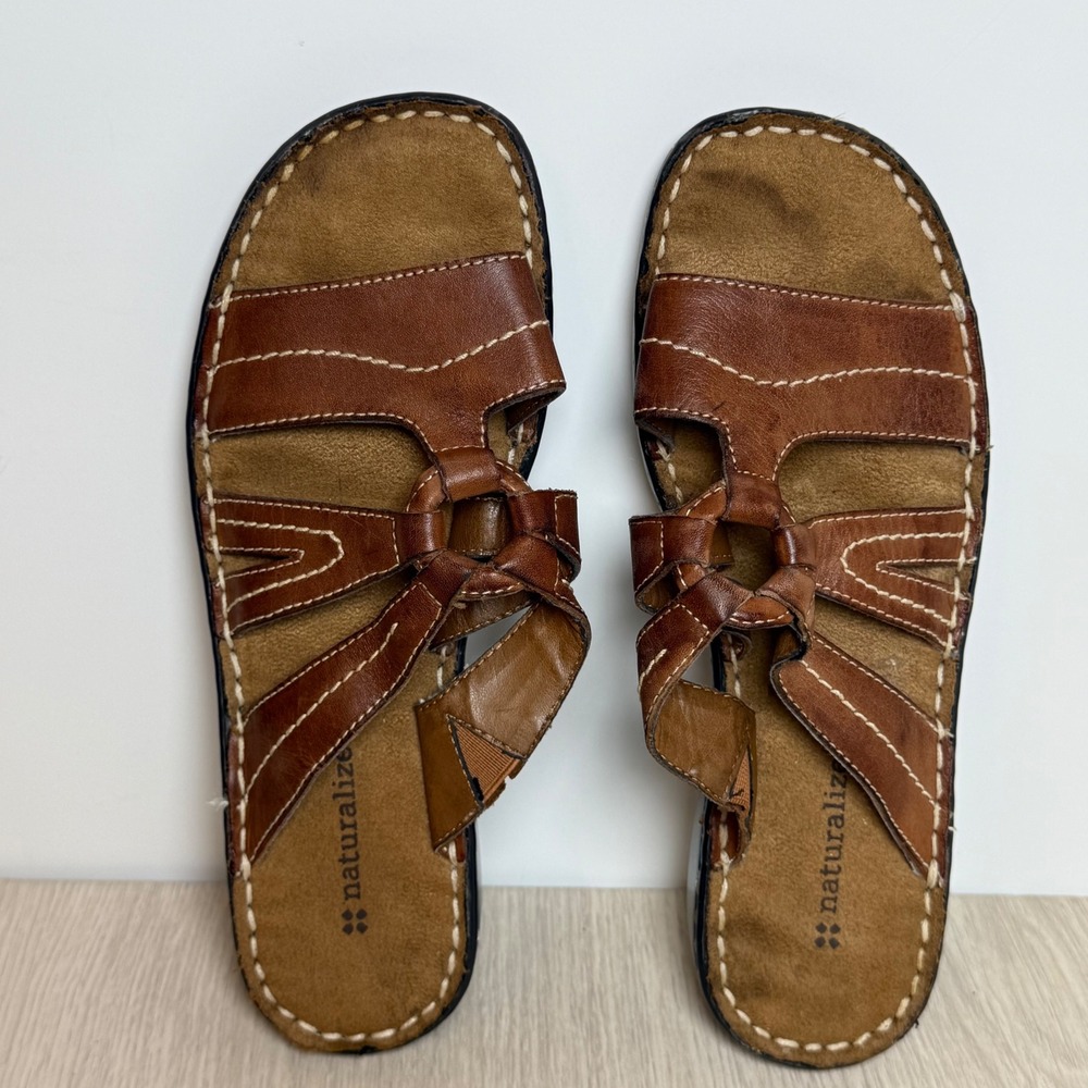 Slide Sandals Naturalizer Womens 7 Brown Leather Comfort Casual Slip On Strappy